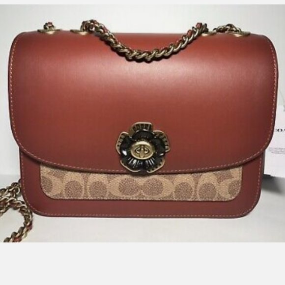 NWT Coach Madison shoulder  bag in regular size tan rust and signature canevas - Picture 2 of 16